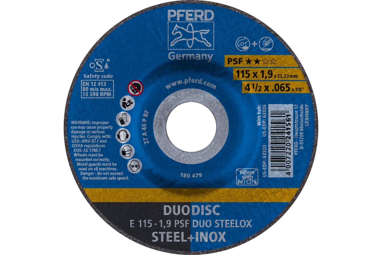 Picture of Pferd Combination Wheel, 4-1/2" X .065 X 7/8, Psf Duodisc Steelox, T27, Aluminum Oxide